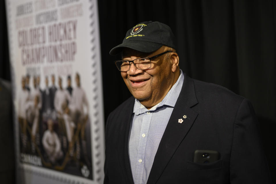 Dr. Wayne Adams, the grandson of Augustus (Gus) Adams of the all-Black hockey team Halifax Eurekas, attends the unveiling of Canada Post's new stamp honouring the Colored Hockey Championship and the all-Black hockey teams in the Maritimes between 1895 and the early 1930s during an event at the Black Cultural Center for Nova Scotia in Halifax, Nova Scotia, Thursday, Jan. 23, 2020. (Darren Calabrese/The Canadian Press via AP)