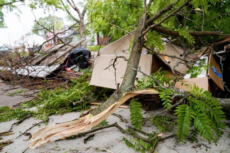 Debris piles line the side of Alter Road in Grosse Pointe Park on Thursday, July 27, 2023. Intense storms rolled through the area causing damage and power outages Wednesday.