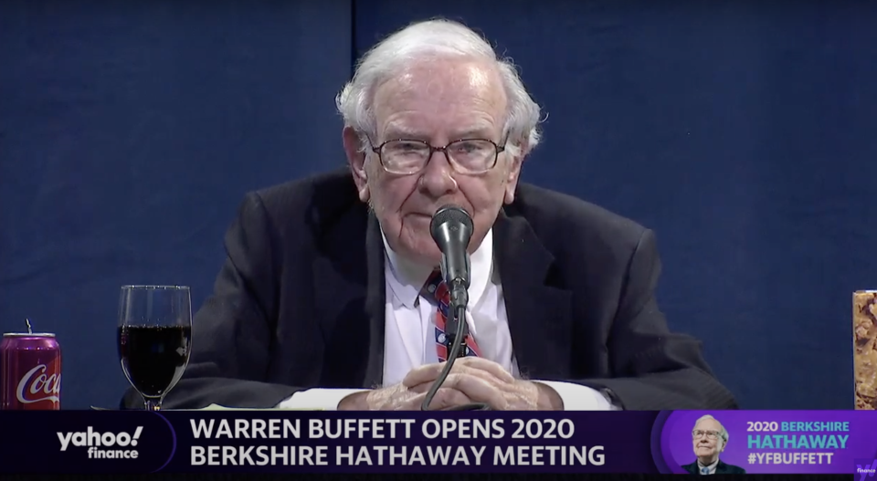 Berkshire Hathaway CEO Warren Buffett speaks from the CHI Center in Omaha, Ne. on Saturday for the company's first-ever virtual shareholders meeting. 