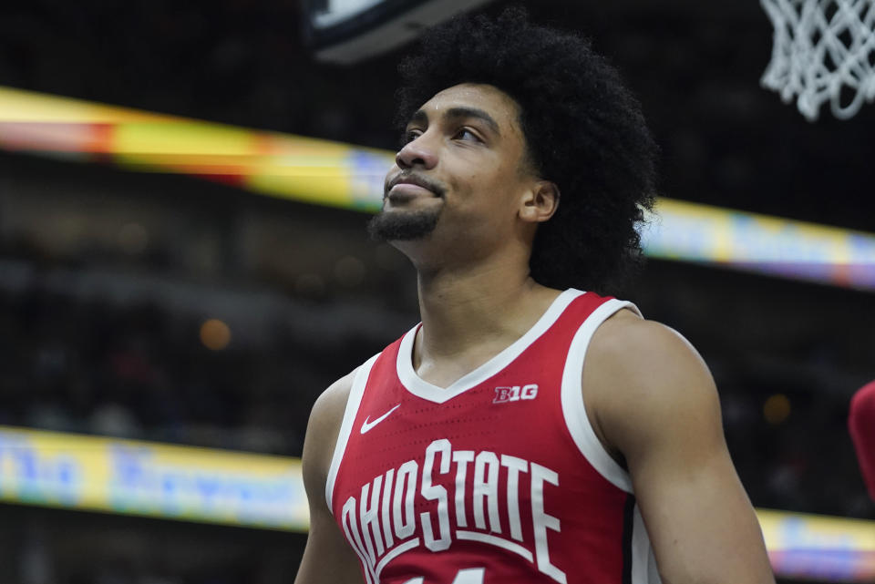 Ohio State's Justice Sueing (14) reacts during the second half of an NCAA college basketball game against Michigan State at the Big Ten men's tournament, Friday, March 10, 2023, in Chicago. (AP Photo/Erin Hooley)