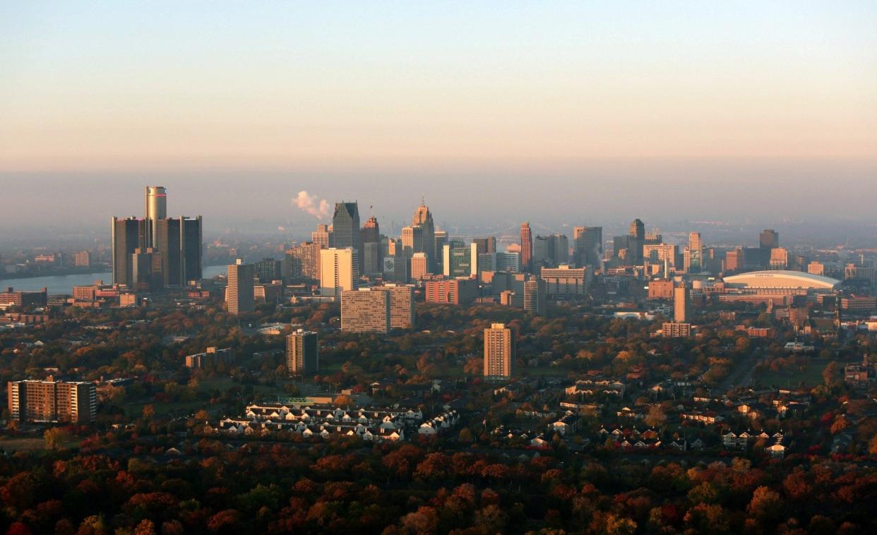 Aerial view of the skyline of downtown Detroit on Sunday, Oct. 21, 2012.