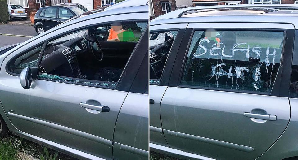 One car had its window smashed and graffiti painted on it (Pictures: Caters)