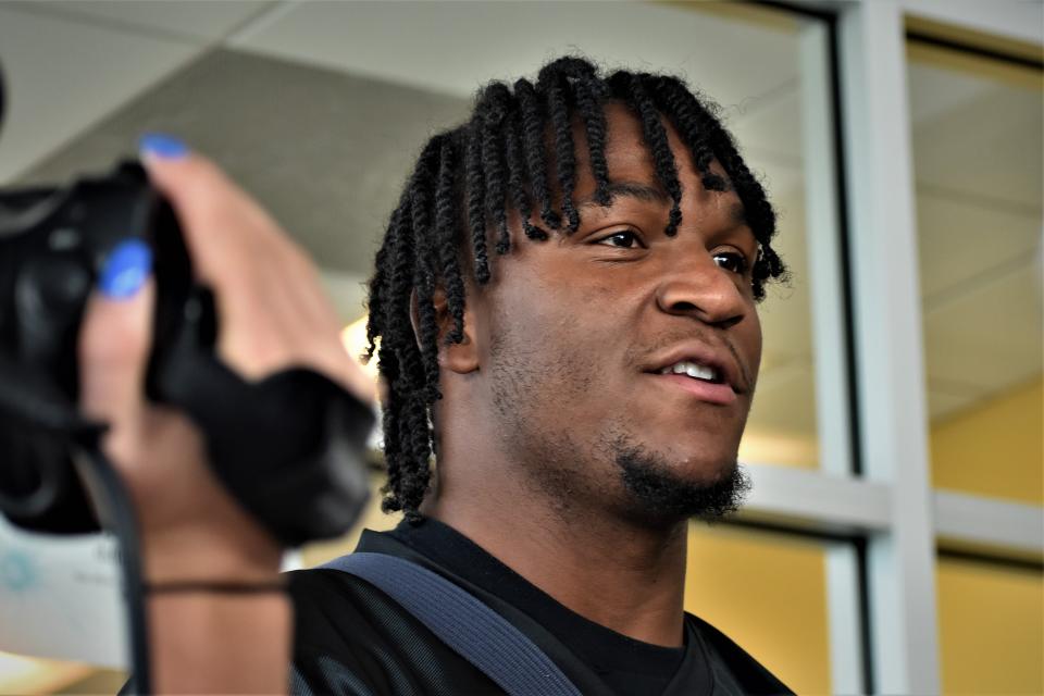 Missouri freshman wide receiver Luther Burden speaks to members of the media before an NIL autographing event at the Mercedes-Benz of Columbia on June 24, 2022.