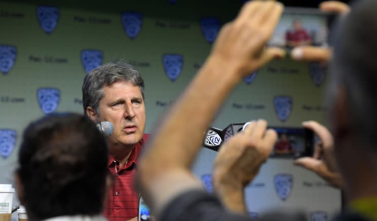 Washington State’s Mike Leach wax poetic about a number of subjects on Thursday. (AP Photo/Mark J. Terrill)