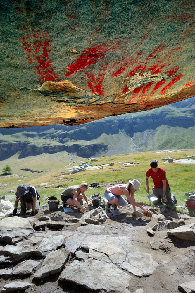 A view of the rock paintings from the interior of the Abri Faravel rock shelter. The colors have been enhanced for contrast.