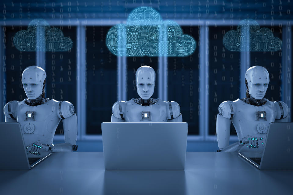 Robots on computers with network clouds above their heads.
