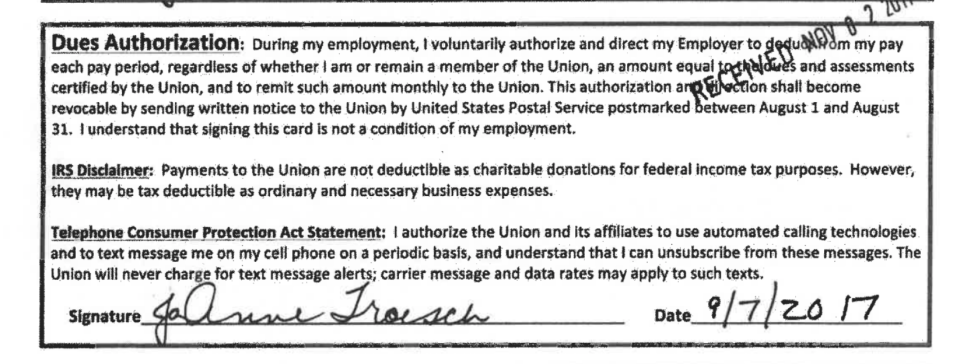 In 2017, Chicago Public Schools employee Joanne Troesch signed a contract agreeing to the dues deduction. (National Right to Work Legal Defense Foundation)