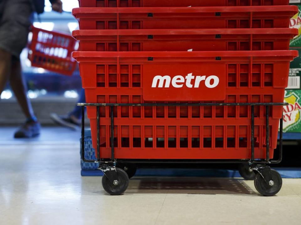  Baskets sit stacked inside a Metro Inc. grocery store in Toronto.