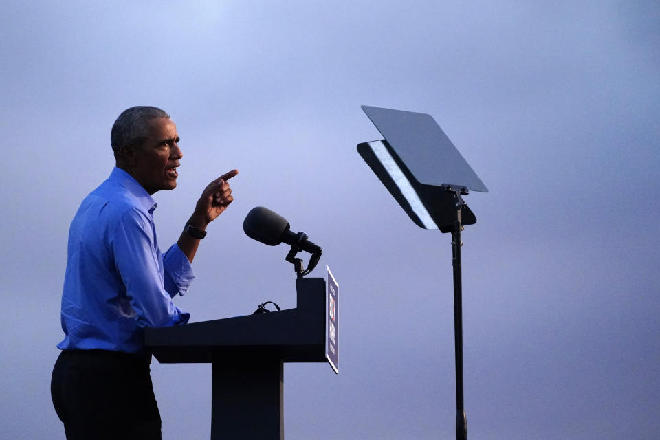 Former President Barack Obama speaks at Citizens Bank Park as he campaigns for Democratic presidential candidate former Vice President Joe Biden, Wednesday, Oct. 21, 2020, in Philadelphia. (AP Photo/ Matt Slocum)