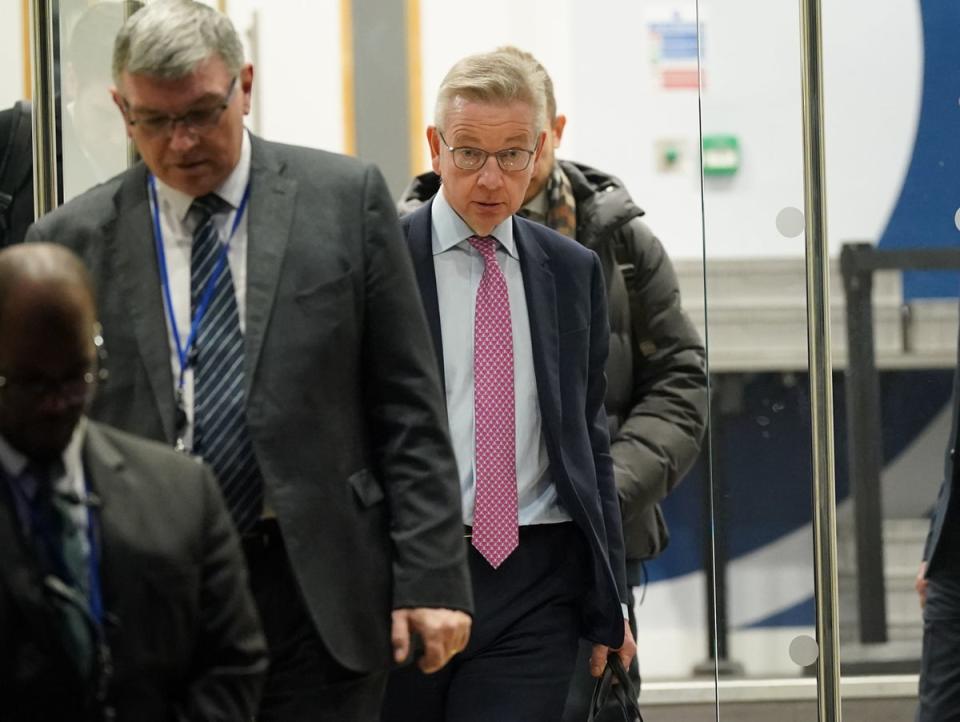 Secretary of State for Levelling Up Michael Gove, formerly the Chancellor of the Duchy of Lancaster, leaves Dorland House in London after giving his evidence to the UK Covid-19 Inquiry (PA)