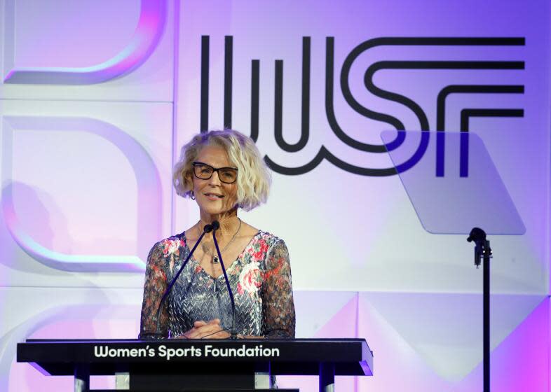 NEW YORK, NEW YORK - OCTOBER 12: Sue Enquist speaks on stage during The Women's Sports Foundation.