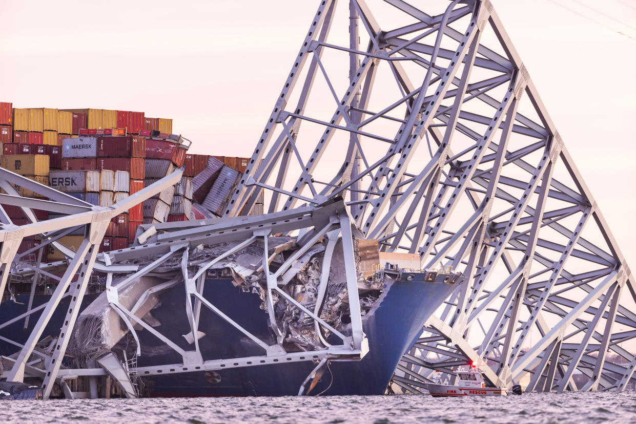 Part of the collapsed Francis Scott Key Bridge in Baltimore, Maryland, on top of the Dali cargo ship. (Shutterstock)