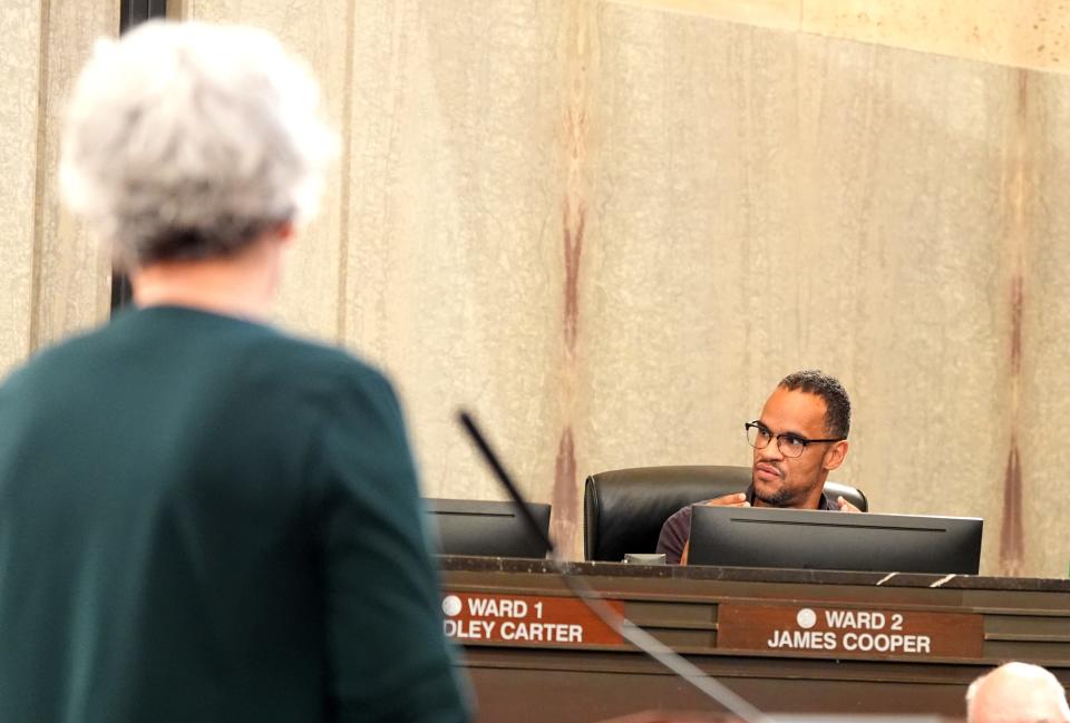 Councilperson James Cooper speaks on housing Tuesday during the Oklahoma City Council meeting.