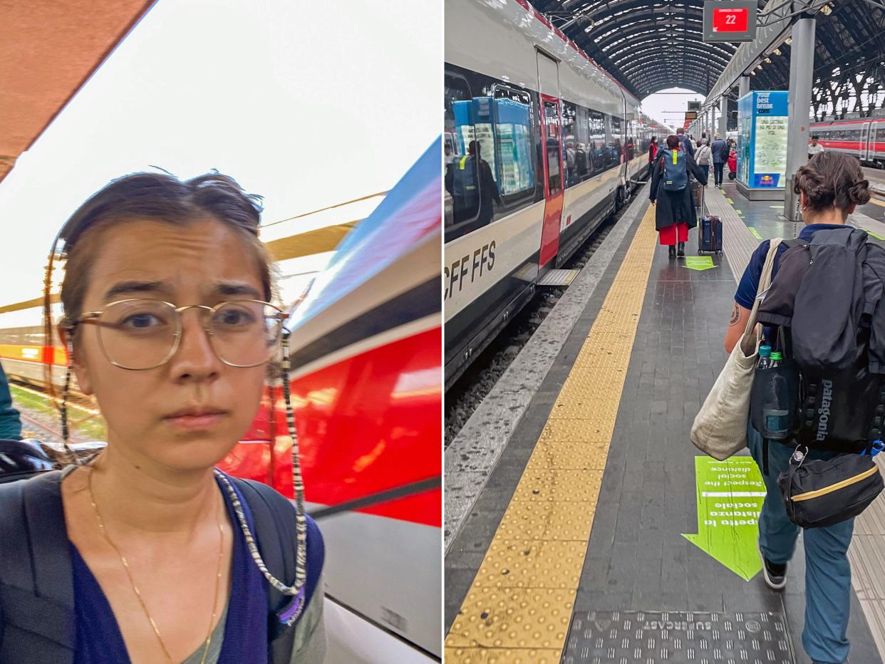 Two images: Left: The author takes a seflie on a platform next to a red train. Right: The author walks next to a train wearing a big backpack