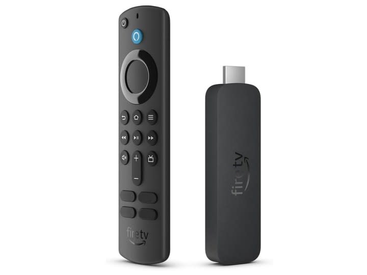 The Amazon Fire TV Stick 4K streaming device and remote on a white background.