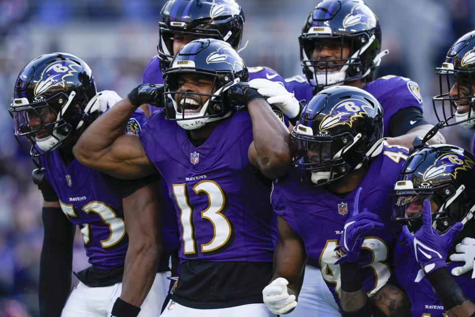 Baltimore Ravens' Devin Duvernay (13) celebrates after recovering a bobbled punt by the Cleveland Browns during the second half on an NFL football game Sunday, Nov. 12, 2023, in Baltimore. (AP Photo/Susan Walsh)