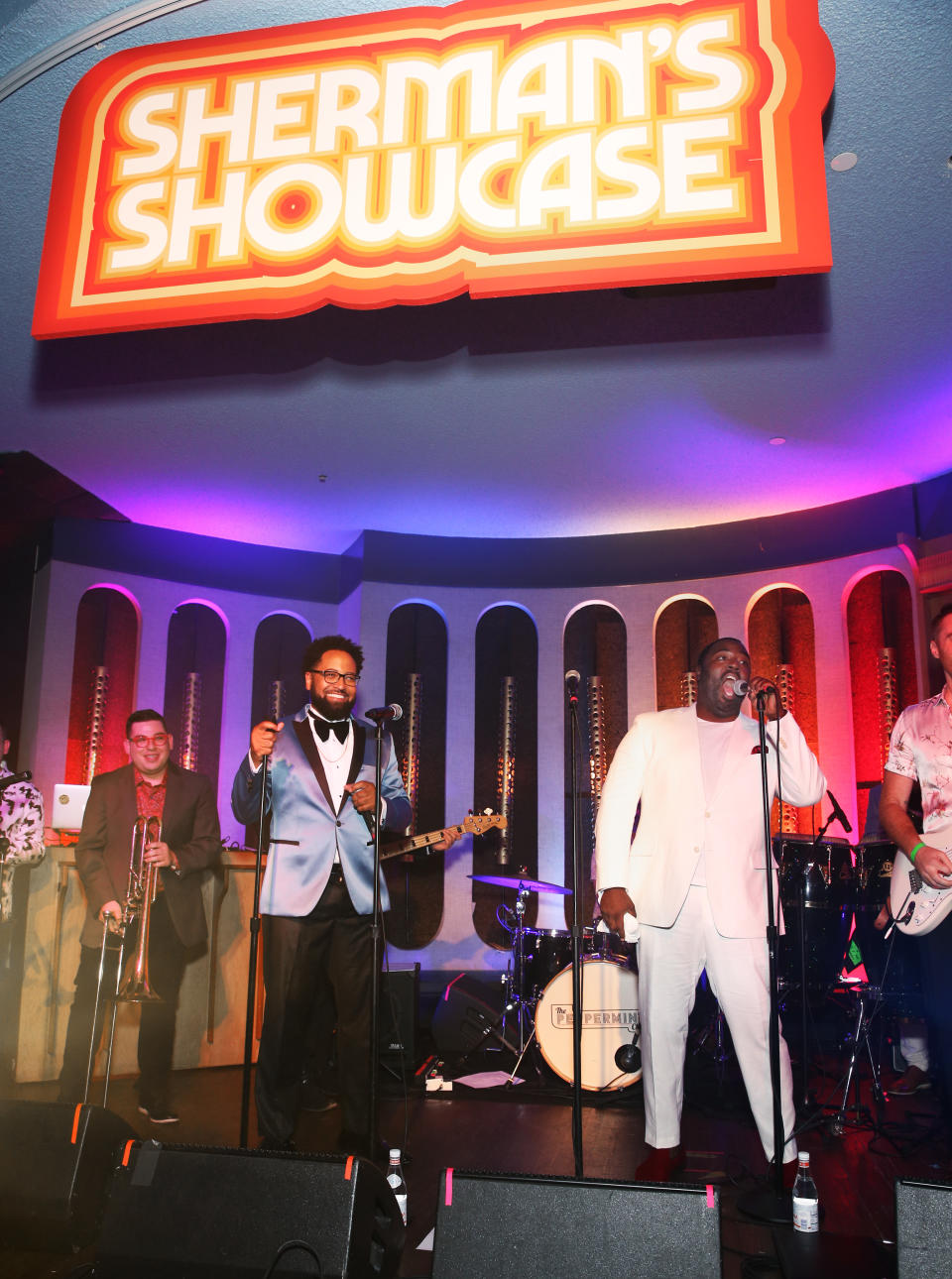 LOS ANGELES, CALIFORNIA - JULY 30: Diallo Riddle (L) and Bashir Salahuddin perform onstage during "Sherman's Showcase" Premiere Party on July 30, 2019 in Los Angeles, California. (Photo by Jesse Grant/Getty Images for AMC)