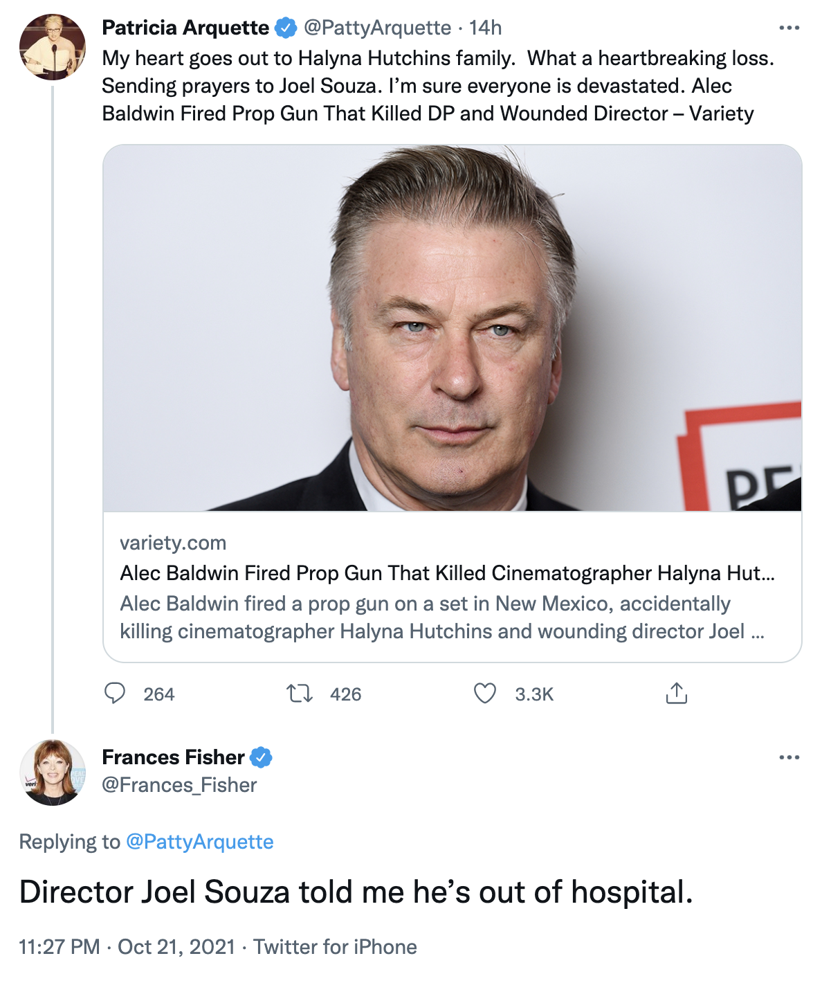 Frances Fisher said Thursday night that Joel Souza had been released from the hospital. (Photo: Twitter)