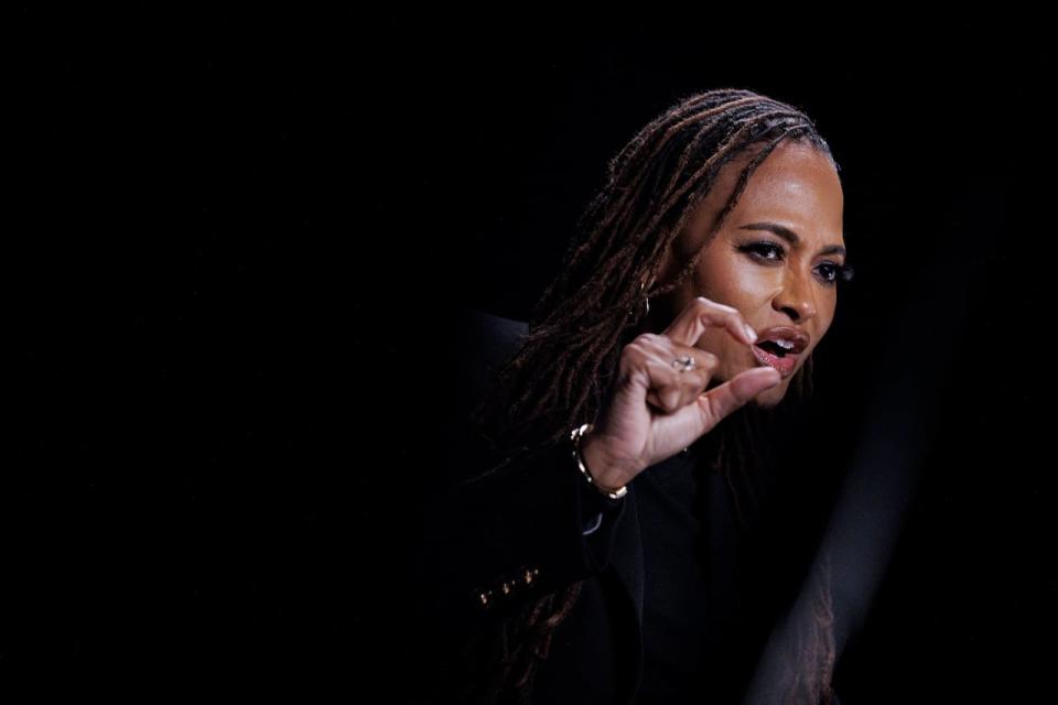 Filmmaker Ava DuVernay is pictured in conversation with the CBC’s Eli Glassner, at the TIFF Lightbox theatre, in Toronto, on Nov. 9, 2023.