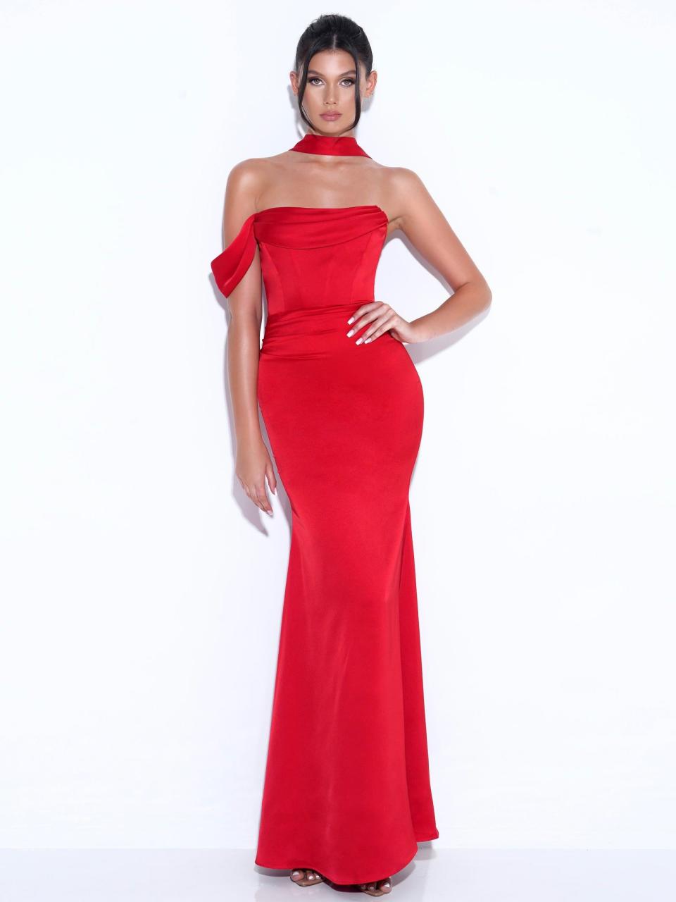 2) Ivona Red Halter Neck Double Duchess Satin Gown