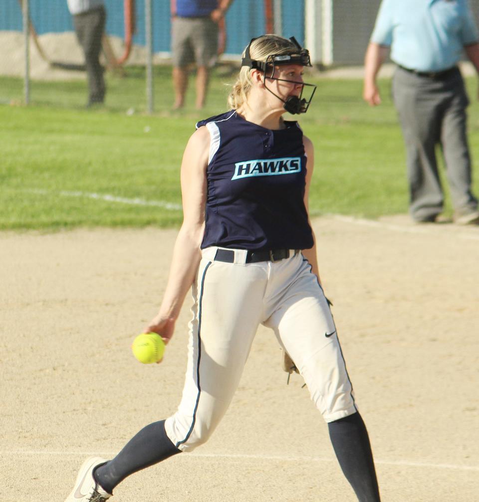 Prairie Central ace Katy Curl delivers a pitch during Monday's regional game with Paxton-Buckley-Loda. Curl struck out 12 and drove in the game's only run in a 1-0 victory.