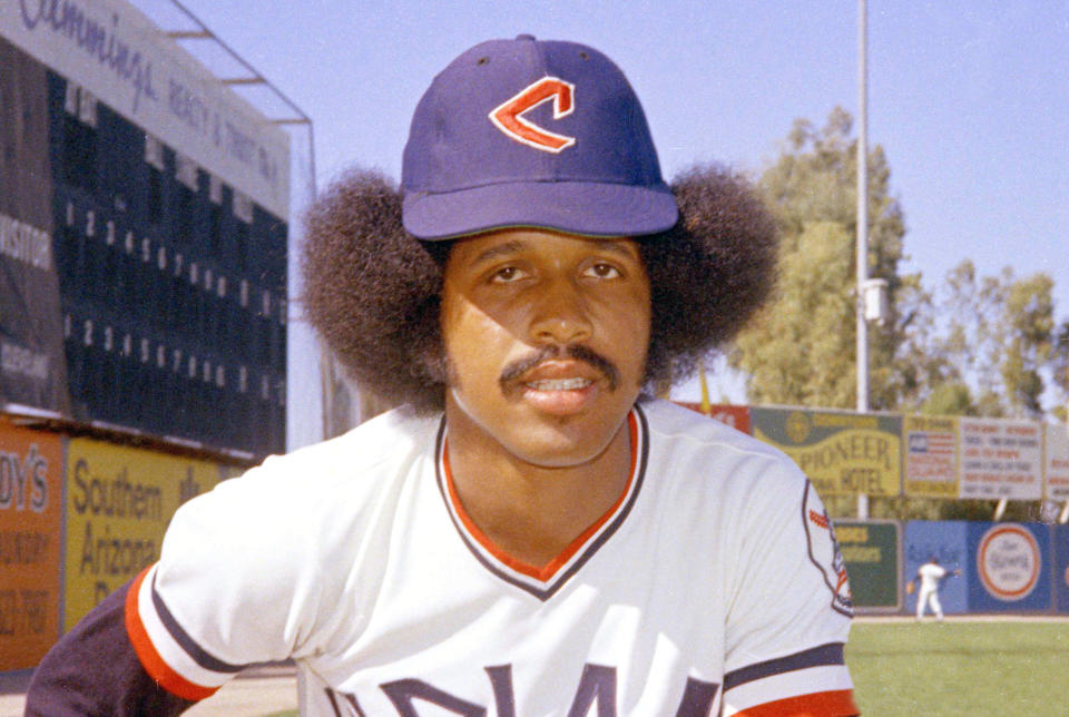 FILE - Cleveland Indians baseball outfielder Oscar Gamble, shown in 1974, had a resplendent Afro in the 1970s. Astros starters Framber Valdez and Luis Garia look like naturals on the mound, but they've gotten an artificial boost from the barber shop. Both pitchers got hair extensions during this season. (AP Photo/RHH, File)