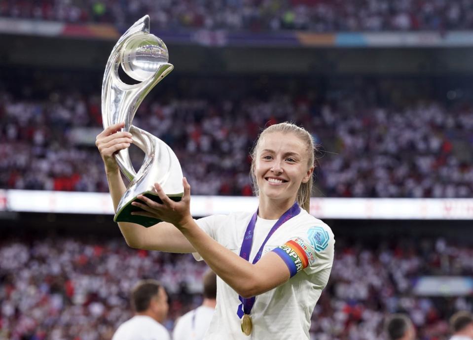 England’s Leah Williamson lifts the UEFA Women’s Euro 2022 trophy following victory over Germany in the UEFA Women’s Euro 2022 final at Wembley (Danny Lawson/PA) (PA Wire)