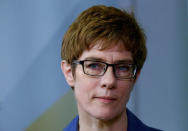 FILE PHOTO: Annegret Kramp-Karrenbauer, State Prime Minister and top candidate of the Christian Democratic Union party (CDU) after first exit polls of the Saarland state elections in Saarbruecken, Germany, March 26, 2017. REUTERS/Ralph Orlowski/File Photo