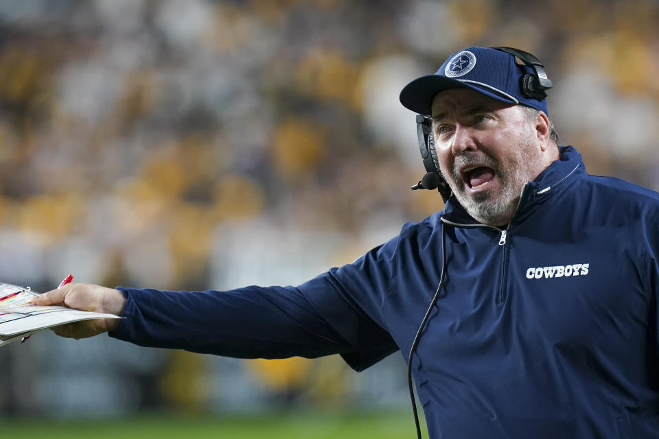 Dallas Cowboys head coach Mike McCarthy reacts during the second half of an NFL football game against the Pittsburgh Steelers, early Monday, Oct. 7, 2024, in Pittsburgh. The Cowboys won 20-17. (AP Photo/Matt Freed)