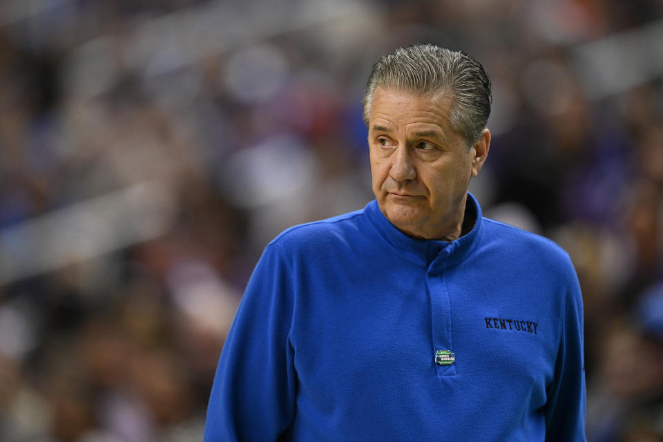 GREENSBORO, NC - MARCH 19: Head coach John Calipari of the Kentucky Wildcats watches his team play against the Kansas State Wildcats during the second round of the 2023 NCAA Men's Basketball Tournament held at Greensboro Coliseum on March 19, 2023 in Greensboro, North Carolina. (Photo by Grant Halverson/NCAA Photos via Getty Images)