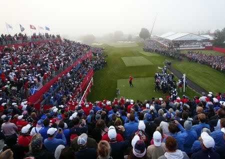 Sep 30, 2016; Chaska, MN, USA; Patrick Reed of the United States plays his shot from the first tee in the morning foursome matches during the 41st Ryder Cup at Hazeltine National Golf Club. Mandatory Credit: Rob Schumacher-USA TODAY Sports