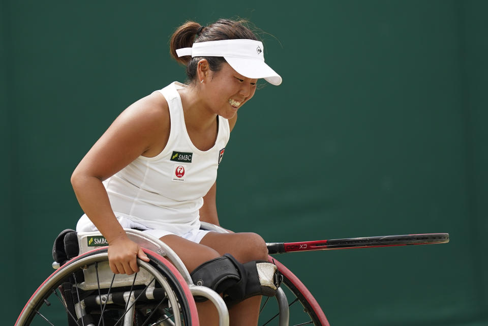 Japan's Yui Kamiji reacts as she plays Diede De Groot of the Netherlands in the final of the women's wheelchair singles on day thirteen of the Wimbledon tennis championships in London, Saturday, July 9, 2022. (AP Photo/Gerald Herbert)