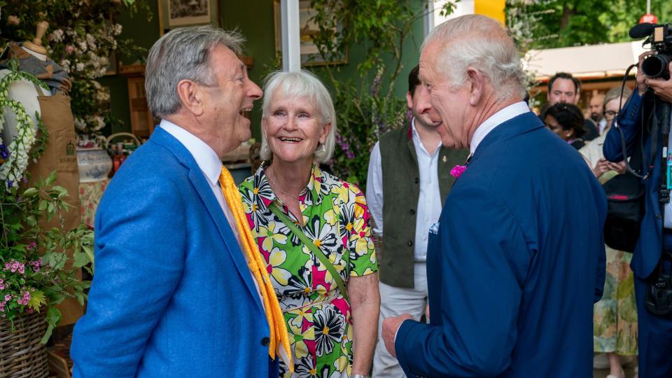 King Charles speaks to Alan and Alison Titchmarsh during a visit to the RHS Chelsea Flower Show at the Royal Hospital Chelsea in London.