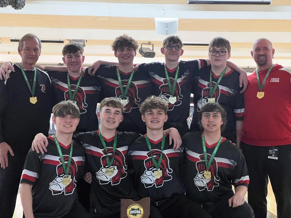 Pleasant won the D-II boys bowling state title Friday at HP Lanes in Columbus. Members are, kneeling from left, Jayden Miller, Nolan Ludwig, Christian Miller, Carter Colby, standing, Don Bentley, Dawson Hall, Johnathan Maran, Tucker Ludwig, Bryan Brandt and Bill Ludwig.