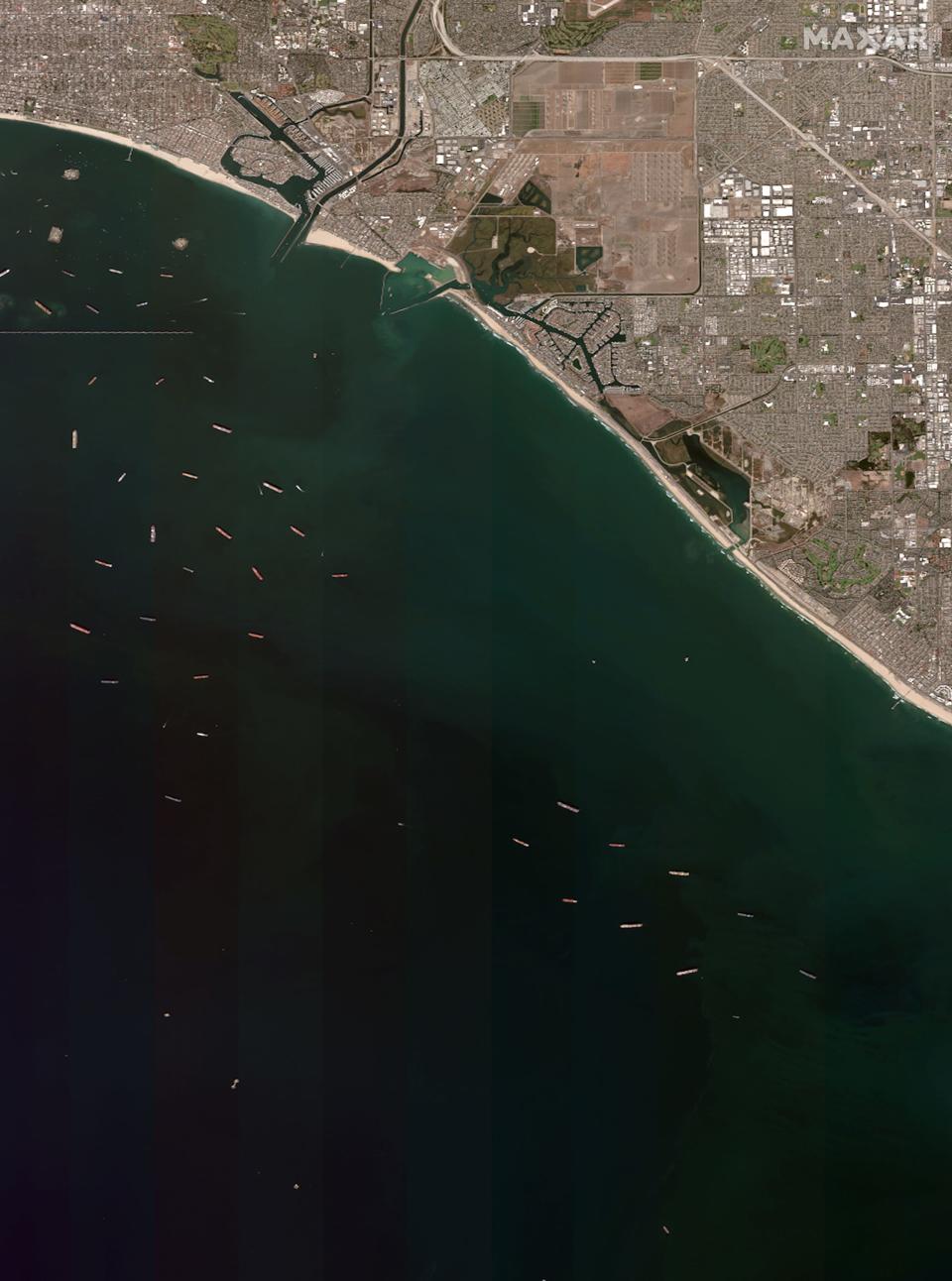 Ships off the shore of the Port of Long Beach.