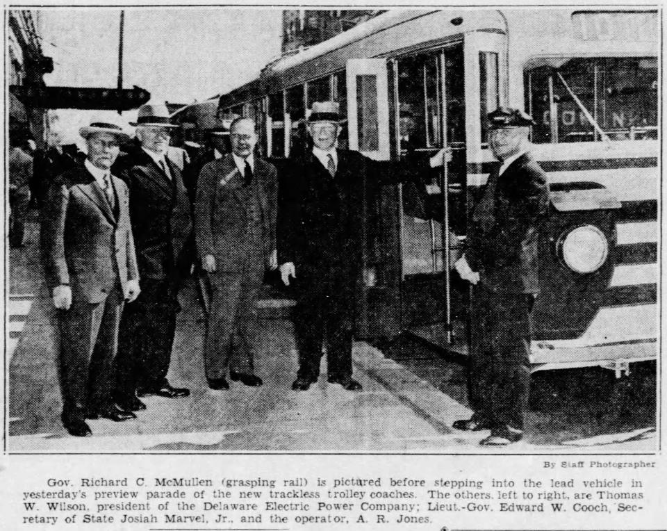 In this Delaware News Journal archive photo, Gov. Richard C. McMullen (grasping rail) is pictured before stepping into the lead vehicle of a preview of the new trackless trolley coaches. The others, left to right, are Thomas W. Wilson, president of Delaware Electric Power Company, Lt. Gov. Edward W. Cooch, Secretary of State Josiah Marvel, Jr., and the operator, A. R. Jones.