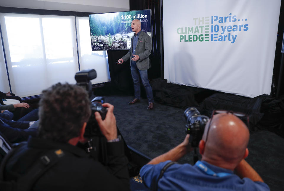 Amazon CEO Jeff Bezos speaks at news conference at the National Press Club in Washington, Thursday, Sept. 19, 2019. Bezos announced the Climate Pledge, setting a goal to meet the Paris Agreement 10 years early. (AP Photo/Pablo Martinez Monsivais)