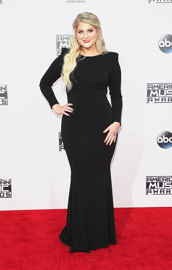 <p>Meghan Trainor kept it safe in a black long-sleeved gown, which was a surprising look for the bubbly star.</p>