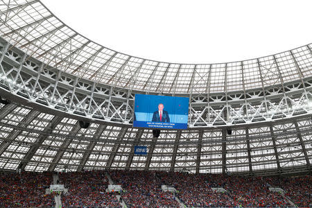 Soccer Football - World Cup - Group A - Russia vs Saudi Arabia - Luzhniki Stadium, Moscow, Russia - June 14, 2018 General view of Russia President Vladimir Putin on the big screen before the match REUTERS/Kai Pfaffenbach