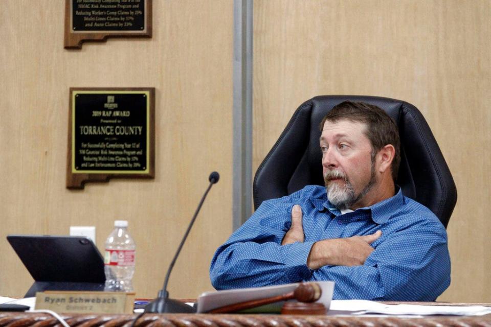 Torrance County Commission Chairman Ryan Schwebach presides over a board meeting in Estancia, N.M., Sept. 14 , 2022. After a backlash this summer over the countyâ€™s certification of its primary results, Schwebach surveyed county residents who don't attend public meetings. But even those who keep quiet told Schwebach they weren't sure if they could trust election results.