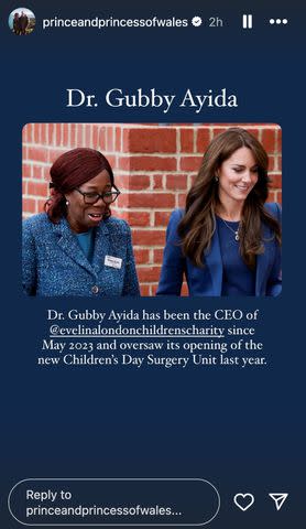 <p>Prince and Princess of Wales/Instagram</p> Kate Middleton and Dr. Gubby Ayida in a photo shared for International Women's Day on March 8, 2024