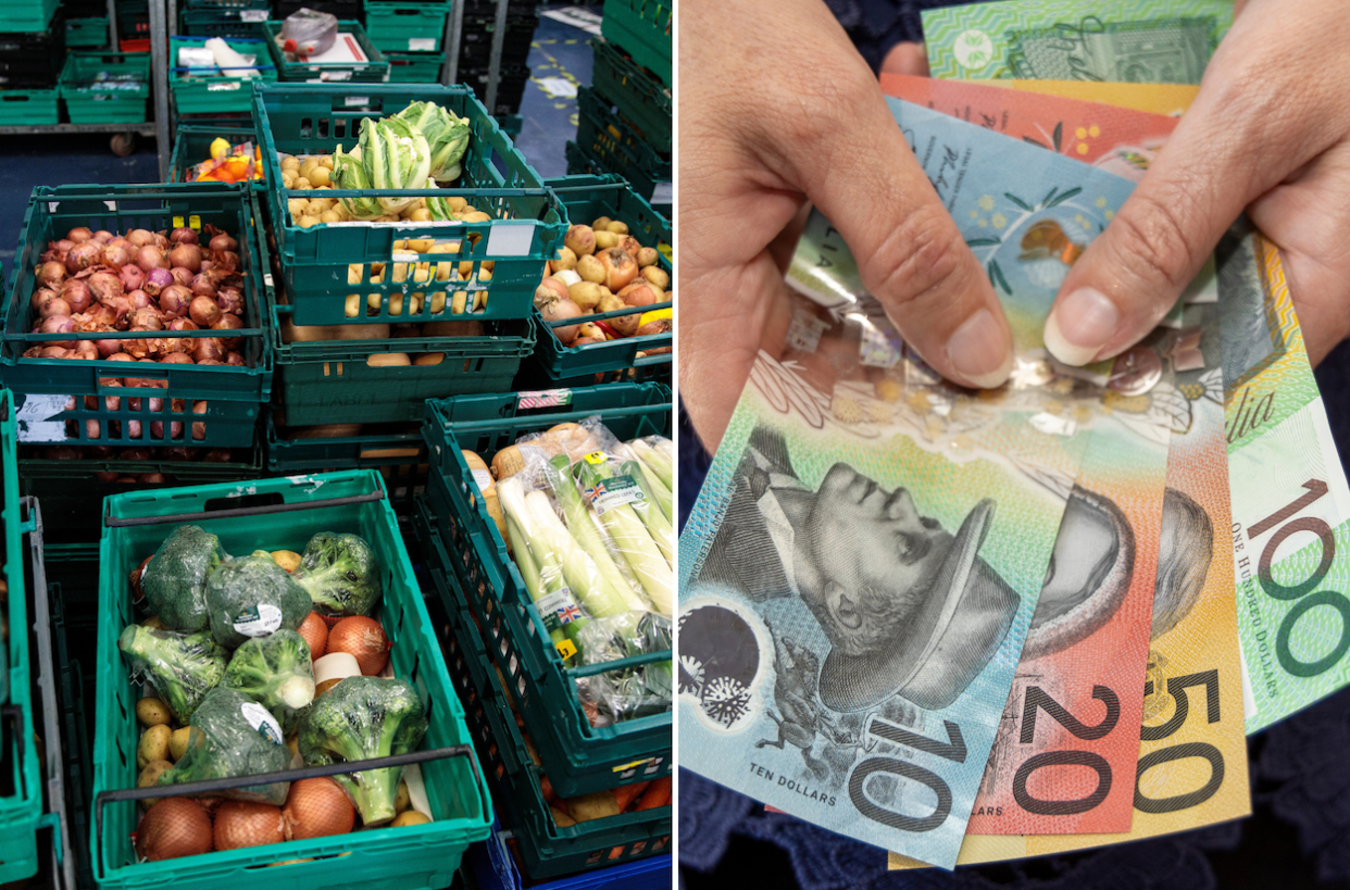 Compilation images of groceries and hands fanning out Australian dollar bills to represent savings