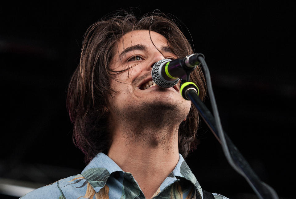 Matthew Vasquez, lead singer and guitarist for Delta Spirit, performs during the inaugural Shaky Knees Music Festival on Sunday, May 5, 2013, in Atlanta. (AP Photo/Ron Harris)