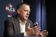 Houston Astros manager A.J. Hinch answers reporters' questions, Monday, Oct. 14, 2019, during a news conference at Yankee Stadium in New York on an off day in the American League Championship Series between the Astros and the New York Yankees. (AP Photo/Kathy Willens)