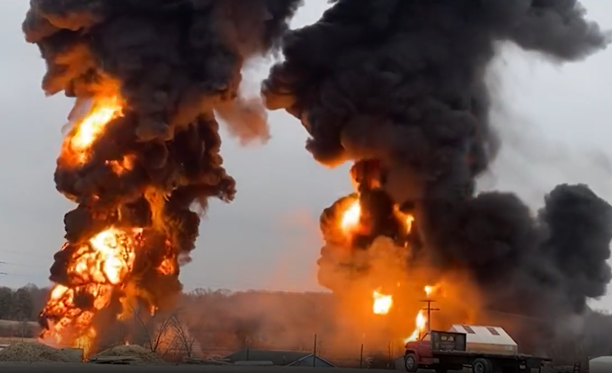 A screenshot from video released by the National Transportation Safety Board of the controlled burn fire after East Palestine train derailment.