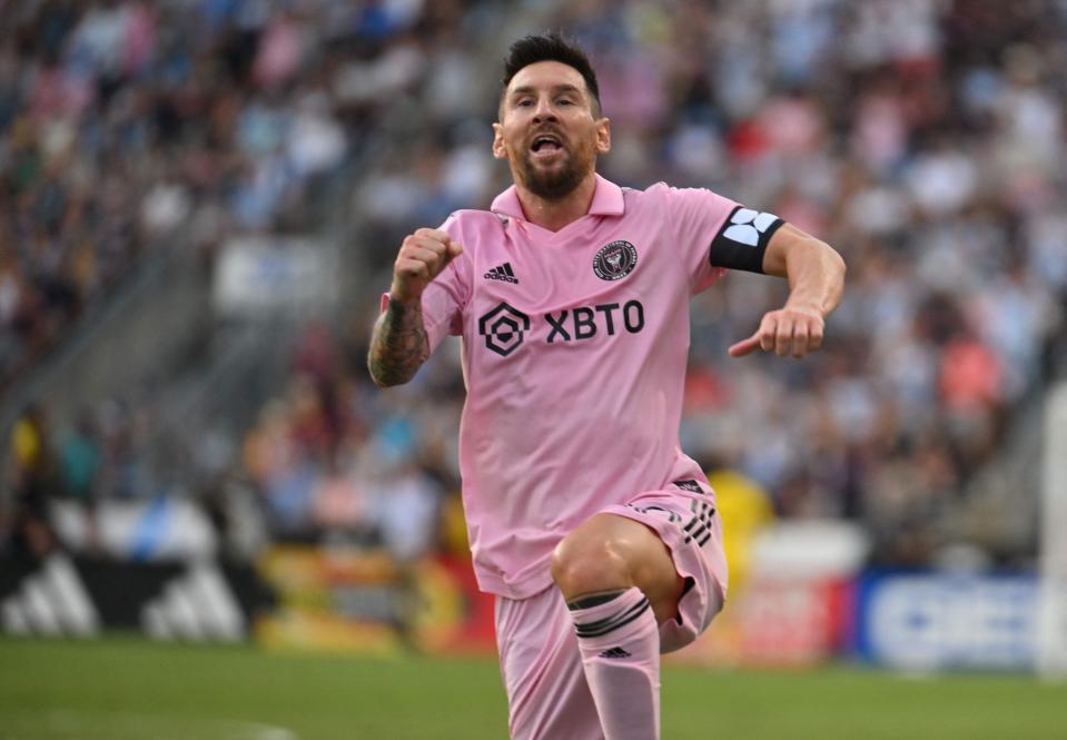 August 15, 2023: Inter Miami's Argentine forward #10 Lionel Messi celebrates scoring during the CONCACAF Leagues Cup semifinal football match between Inter Miami and Philadelphia Union at Subaru Park Stadium in Chester, Pennsylvania.
