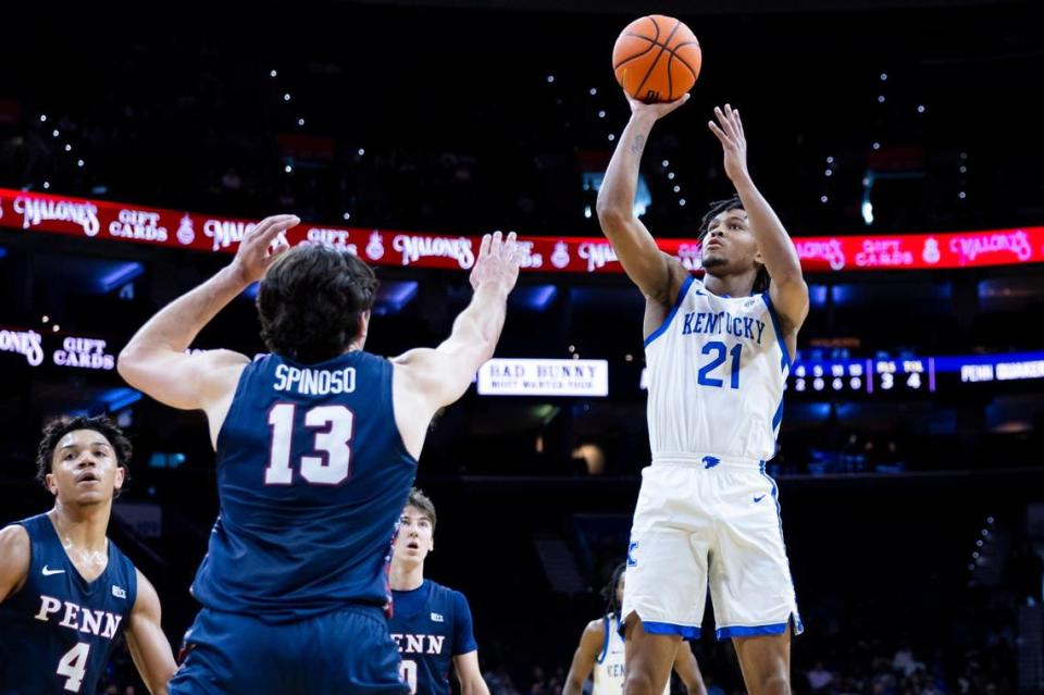 After returning from a one-game absence due to injury, Kentucky freshman point guard D.J. Wagner (21) had nine points and seven assists in UK’s 81-66 win over Pennsylvania last Saturday.