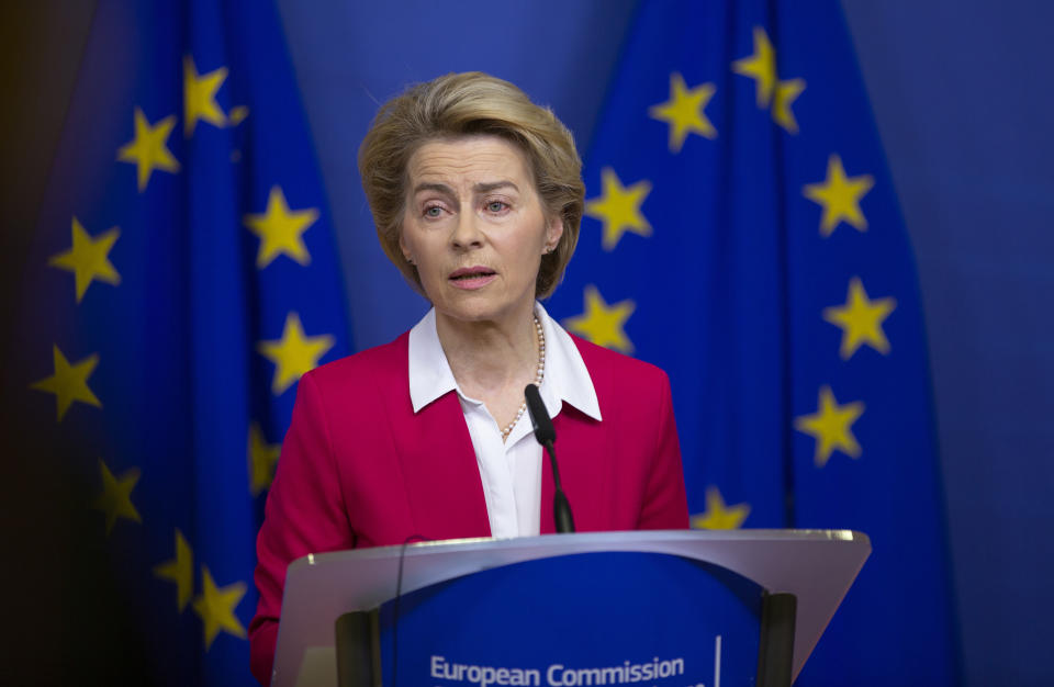 European Commission President Ursula von der Leyen speaks during a media conference after an extraordinary meeting of the EU college of commissioners at EU headquarters in Brussels, Wednesday, Jan. 8, 2020. European Union foreign policy chief Josep Borrell briefed the college on Wednesday regarding the current situation in Libya and Iran. (AP Photo/Virginia Mayo)