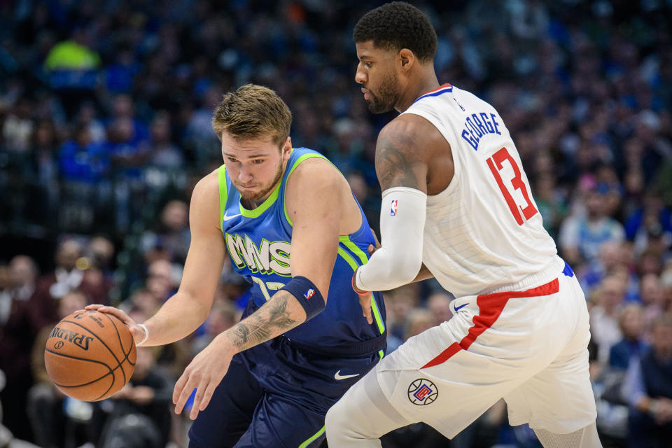 Luka Doncic found little room to work Tuesday against a smothering Clippers defense. (Jerome Miron/USA Today Sports)