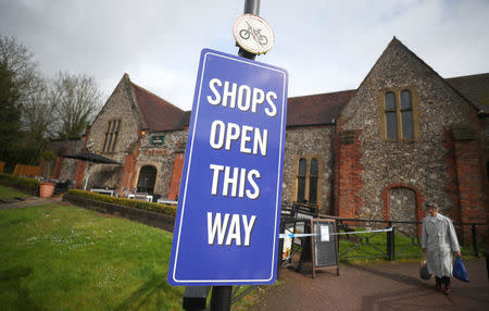 A public notice directs shoppers around a cordoned off area in the city centre where former Russian intelligence officer Sergei Skripal and his daughter Yulia were found poisoned, in Salisbury, Britain, April 3, 2018. REUTERS/Hannah McKay